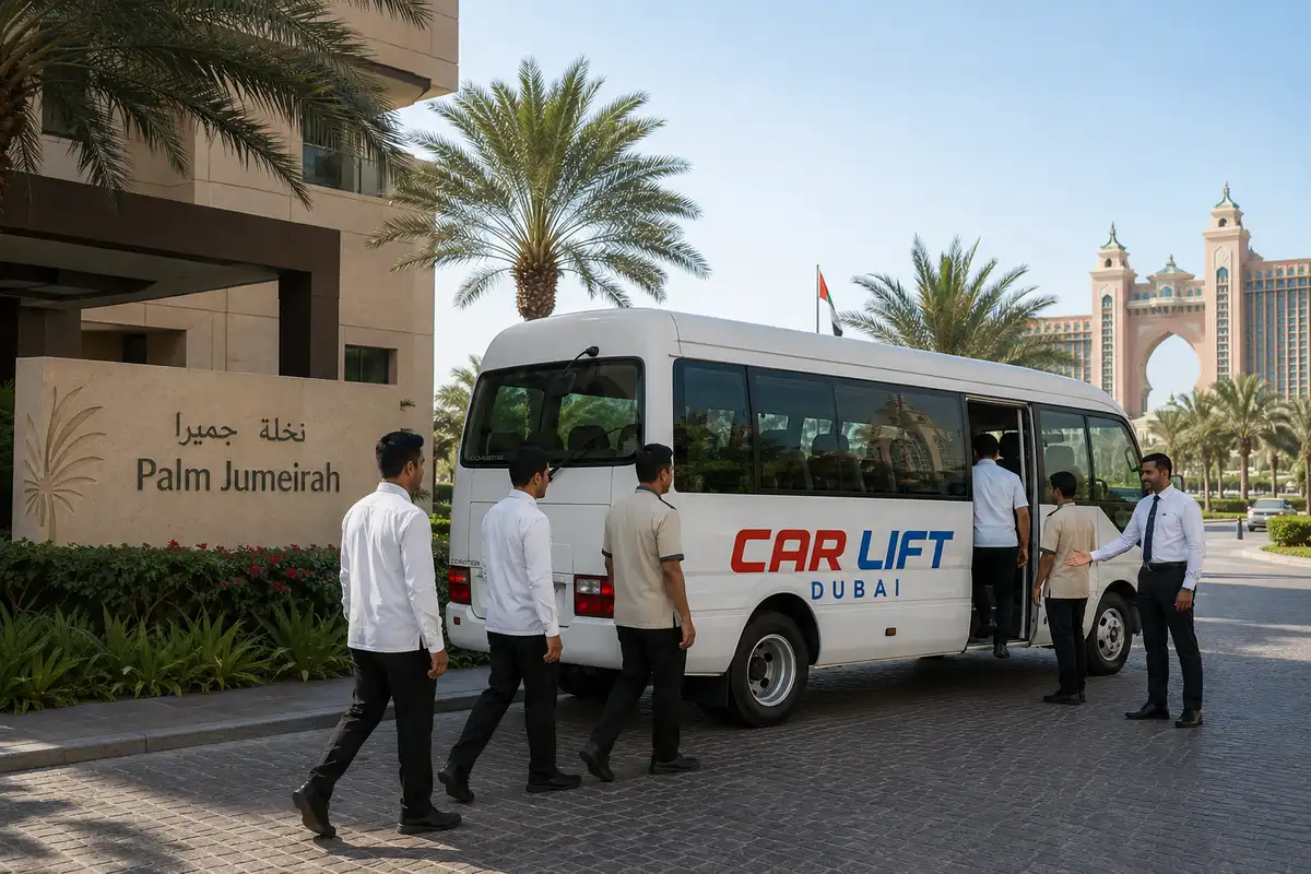 Hotel staff boarding a minibus at Palm Jumeirah