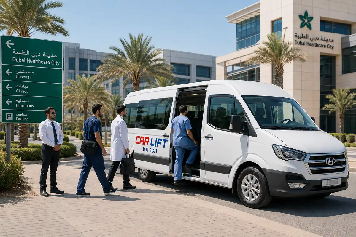 Healthcare staff boarding a passenger van in Dubai Healthcare City
