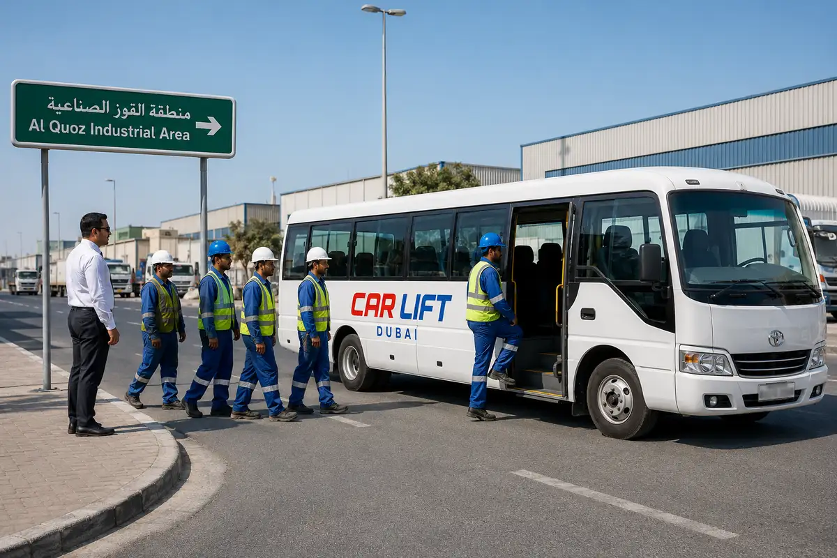 Industrial workers boarding a staff bus in Al Quoz